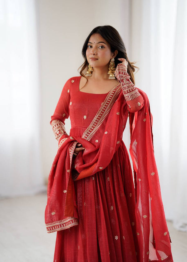 Rust Luxury Heavy Pure Crunchy Silk Anarkali Gown Set – Exquisite Zari & Sequins Embroidery, Handwork Beads Dupatta, Fully Stitched Ready-to-Wear ClothsVilla