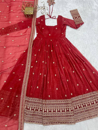 Rust Luxury Heavy Pure Crunchy Silk Anarkali Gown Set – Exquisite Zari & Sequins Embroidery, Handwork Beads Dupatta, Fully Stitched Ready-to-Wear ClothsVilla