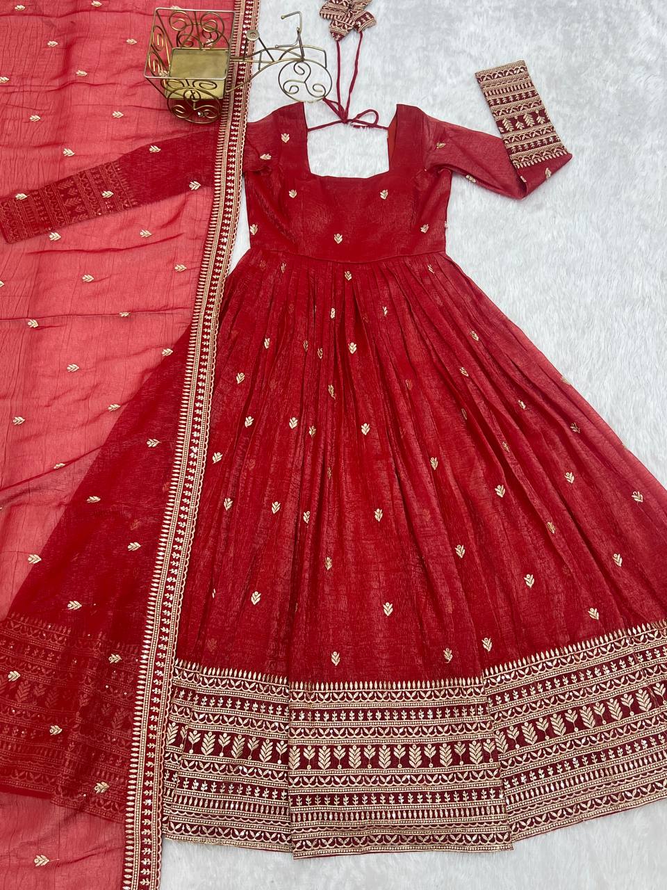 Rust Luxury Heavy Pure Crunchy Silk Anarkali Gown Set – Exquisite Zari & Sequins Embroidery, Handwork Beads Dupatta, Fully Stitched Ready-to-Wear ClothsVilla