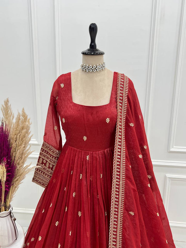 Rust Luxury Heavy Pure Crunchy Silk Anarkali Gown Set – Exquisite Zari & Sequins Embroidery, Handwork Beads Dupatta, Fully Stitched Ready-to-Wear ClothsVilla