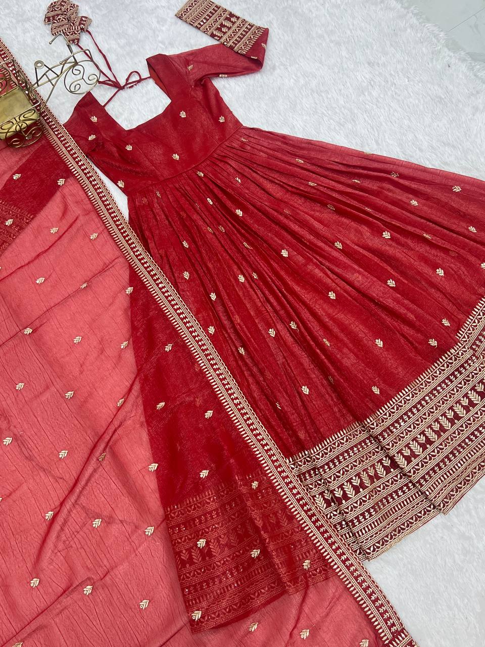 Rust Luxury Heavy Pure Crunchy Silk Anarkali Gown Set – Exquisite Zari & Sequins Embroidery, Handwork Beads Dupatta, Fully Stitched Ready-to-Wear ClothsVilla