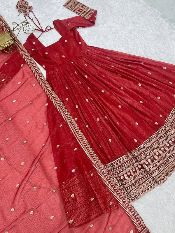 Rust Luxury Heavy Pure Crunchy Silk Anarkali Gown Set – Exquisite Zari & Sequins Embroidery, Handwork Beads Dupatta, Fully Stitched Ready-to-Wear ClothsVilla