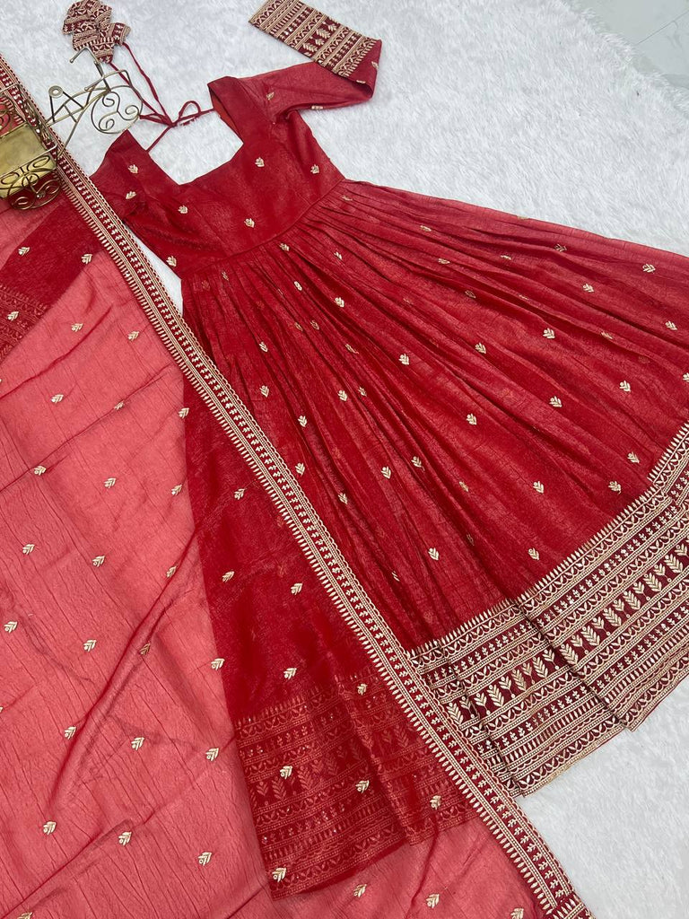 Rust Luxury Heavy Pure Crunchy Silk Anarkali Gown Set – Exquisite Zari & Sequins Embroidery, Handwork Beads Dupatta, Fully Stitched Ready-to-Wear ClothsVilla