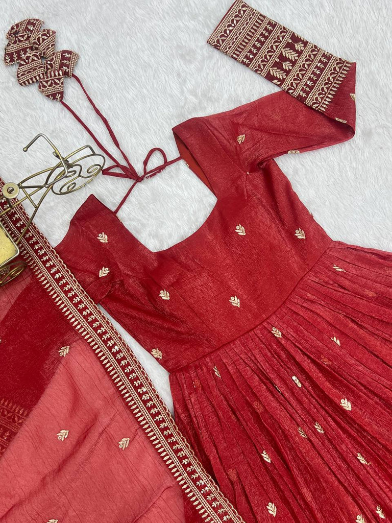 Rust Luxury Heavy Pure Crunchy Silk Anarkali Gown Set – Exquisite Zari & Sequins Embroidery, Handwork Beads Dupatta, Fully Stitched Ready-to-Wear ClothsVilla