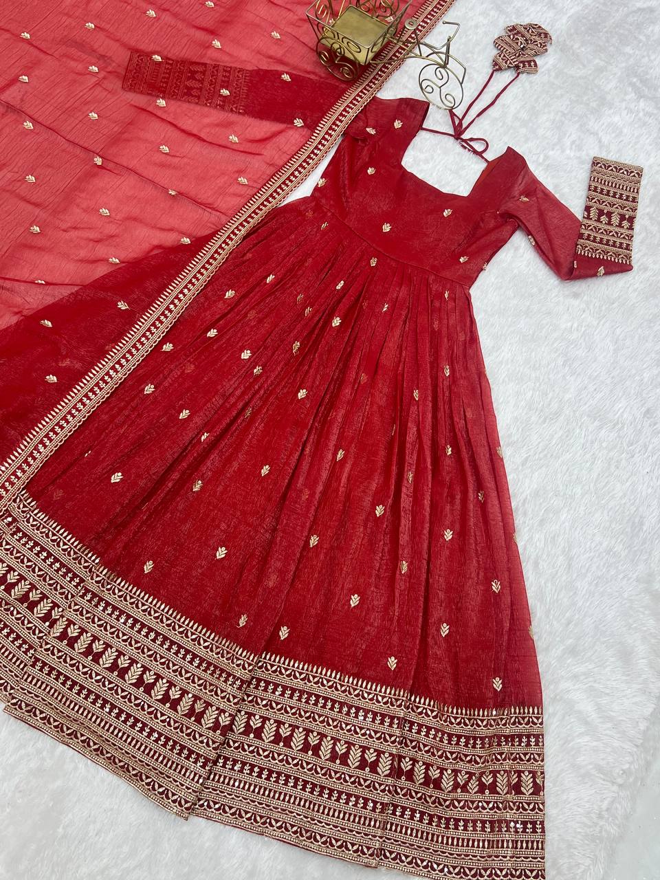 Rust Luxury Heavy Pure Crunchy Silk Anarkali Gown Set – Exquisite Zari & Sequins Embroidery, Handwork Beads Dupatta, Fully Stitched Ready-to-Wear ClothsVilla