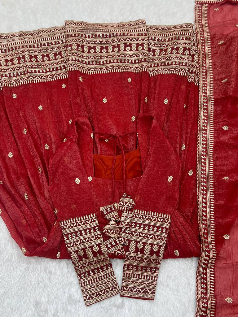 Rust Luxury Heavy Pure Crunchy Silk Anarkali Gown Set – Exquisite Zari & Sequins Embroidery, Handwork Beads Dupatta, Fully Stitched Ready-to-Wear ClothsVilla