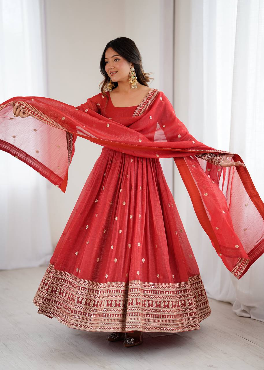 Rust Luxury Heavy Pure Crunchy Silk Anarkali Gown Set – Exquisite Zari & Sequins Embroidery, Handwork Beads Dupatta, Fully Stitched Ready-to-Wear ClothsVilla