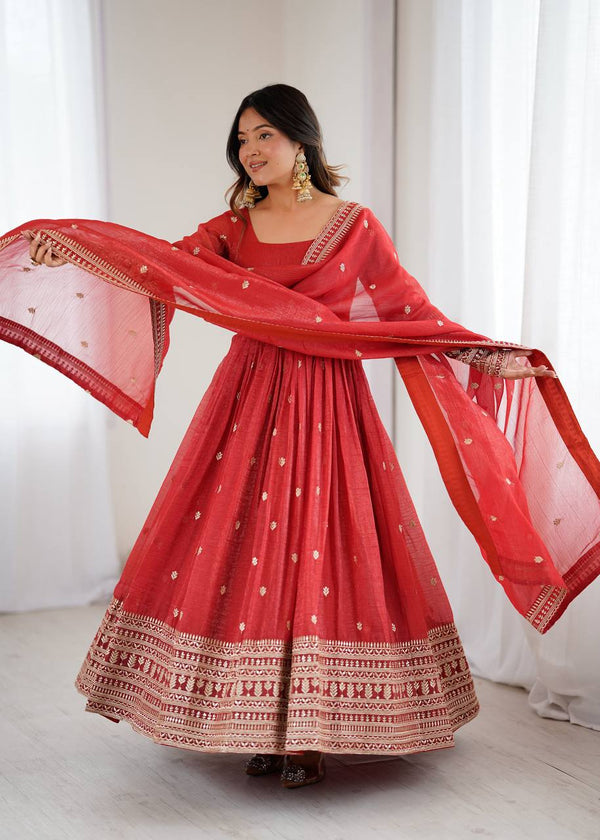 Rust Luxury Heavy Pure Crunchy Silk Anarkali Gown Set – Exquisite Zari & Sequins Embroidery, Handwork Beads Dupatta, Fully Stitched Ready-to-Wear ClothsVilla