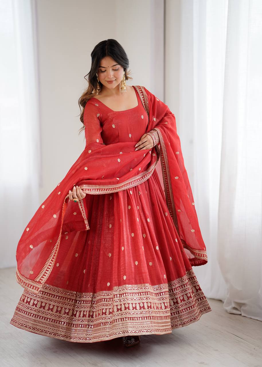 Rust Luxury Heavy Pure Crunchy Silk Anarkali Gown Set – Exquisite Zari & Sequins Embroidery, Handwork Beads Dupatta, Fully Stitched Ready-to-Wear ClothsVilla