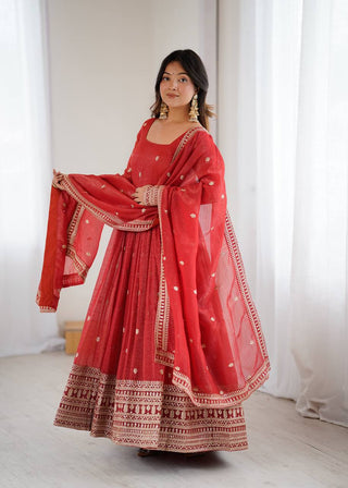 Rust Luxury Heavy Pure Crunchy Silk Anarkali Gown Set – Exquisite Zari & Sequins Embroidery, Handwork Beads Dupatta, Fully Stitched Ready-to-Wear ClothsVilla