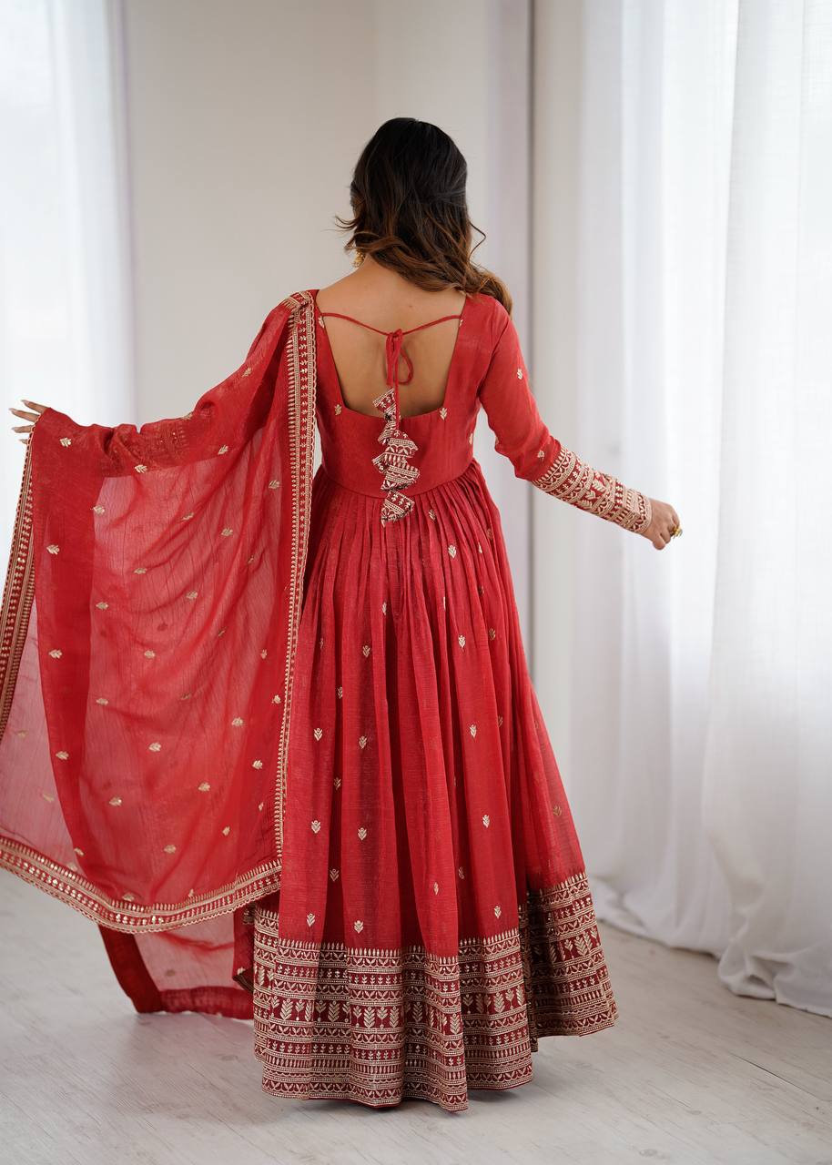 Rust Luxury Heavy Pure Crunchy Silk Anarkali Gown Set – Exquisite Zari & Sequins Embroidery, Handwork Beads Dupatta, Fully Stitched Ready-to-Wear ClothsVilla