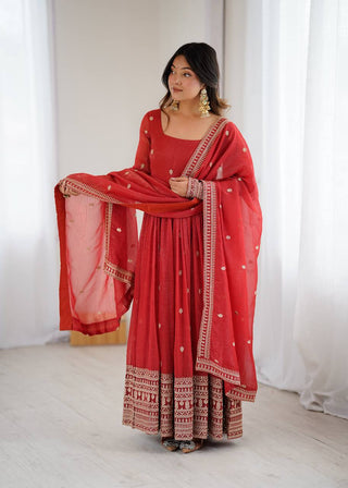 Rust Luxury Heavy Pure Crunchy Silk Anarkali Gown Set – Exquisite Zari & Sequins Embroidery, Handwork Beads Dupatta, Fully Stitched Ready-to-Wear ClothsVilla