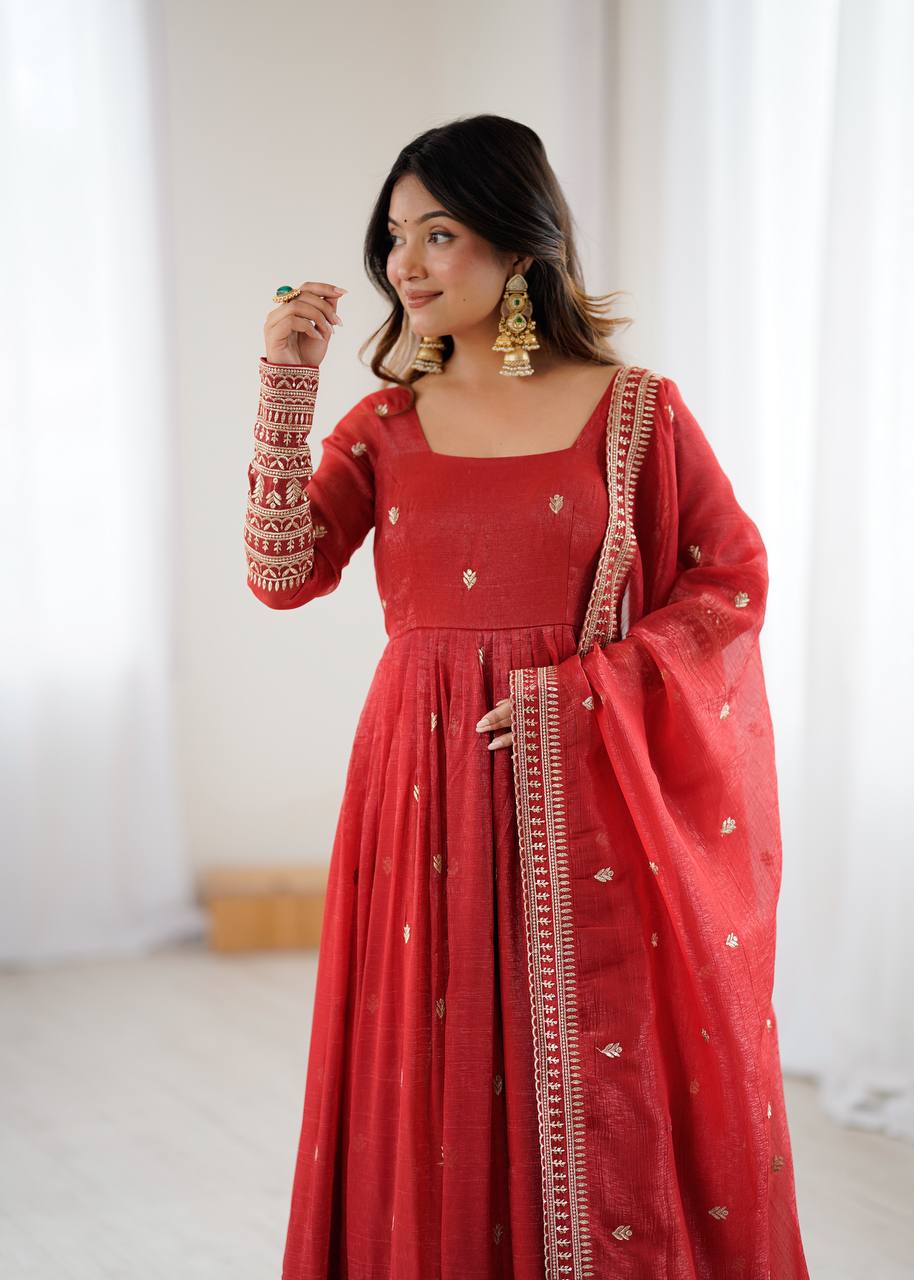 Rust Luxury Heavy Pure Crunchy Silk Anarkali Gown Set – Exquisite Zari & Sequins Embroidery, Handwork Beads Dupatta, Fully Stitched Ready-to-Wear ClothsVilla