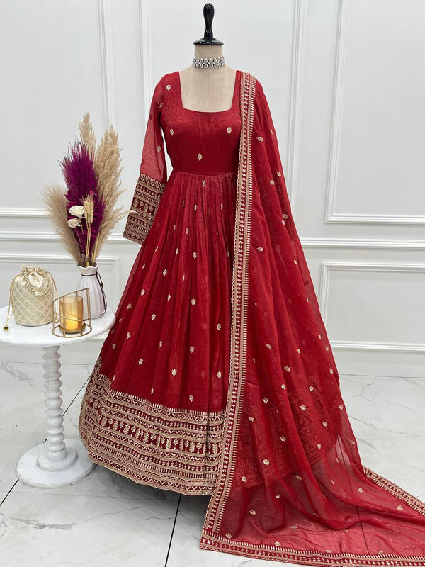 Rust Luxury Heavy Pure Crunchy Silk Anarkali Gown Set – Exquisite Zari & Sequins Embroidery, Handwork Beads Dupatta, Fully Stitched Ready-to-Wear ClothsVilla