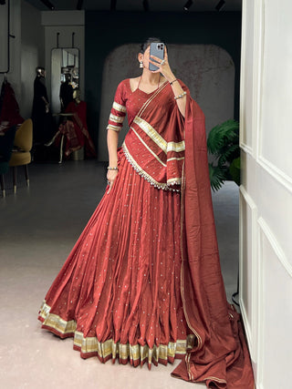 Rust Orange Elegant Pure Chanderi Zari Weaving Lehenga Set with Embossed Design & Lace Touch-Up – 6-Meter Flair Stitched Lehenga, Blouse & Dupatta ClothsVilla