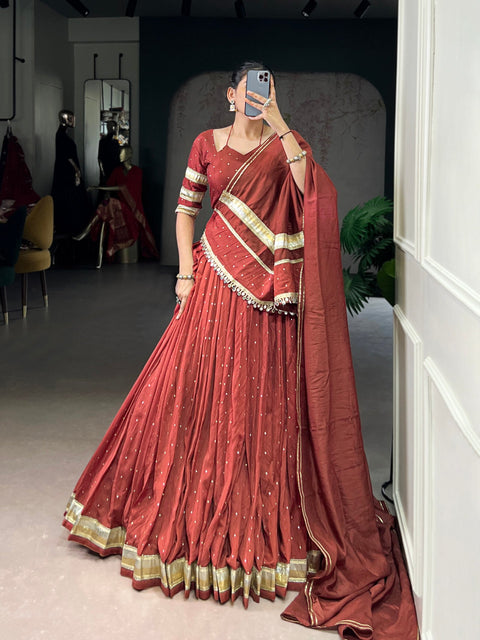 Rust Orange Elegant Pure Chanderi Zari Weaving Lehenga Set with Embossed Design & Lace Touch-Up – 6-Meter Flair Stitched Lehenga, Blouse & Dupatta ClothsVilla Main image