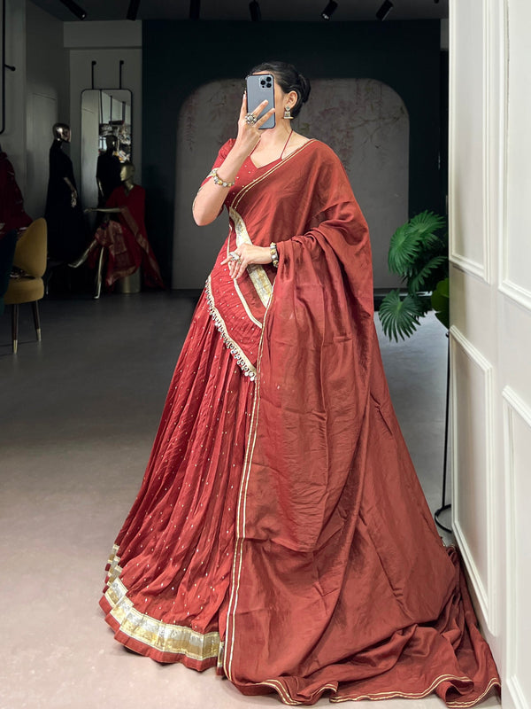 Rust Orange Elegant Pure Chanderi Zari Weaving Lehenga Set with Embossed Design & Lace Touch-Up – 6-Meter Flair Stitched Lehenga, Blouse & Dupatta ClothsVilla