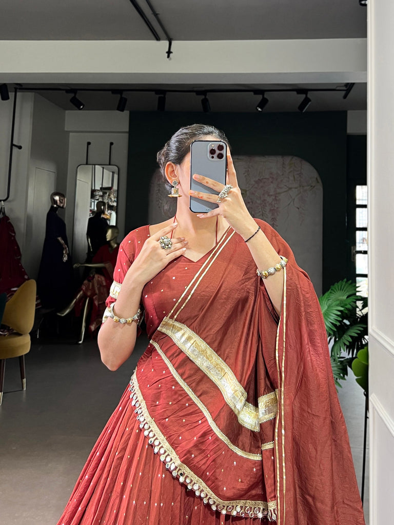 Rust Orange Elegant Pure Chanderi Zari Weaving Lehenga Set with Embossed Design & Lace Touch-Up – 6-Meter Flair Stitched Lehenga, Blouse & Dupatta ClothsVilla