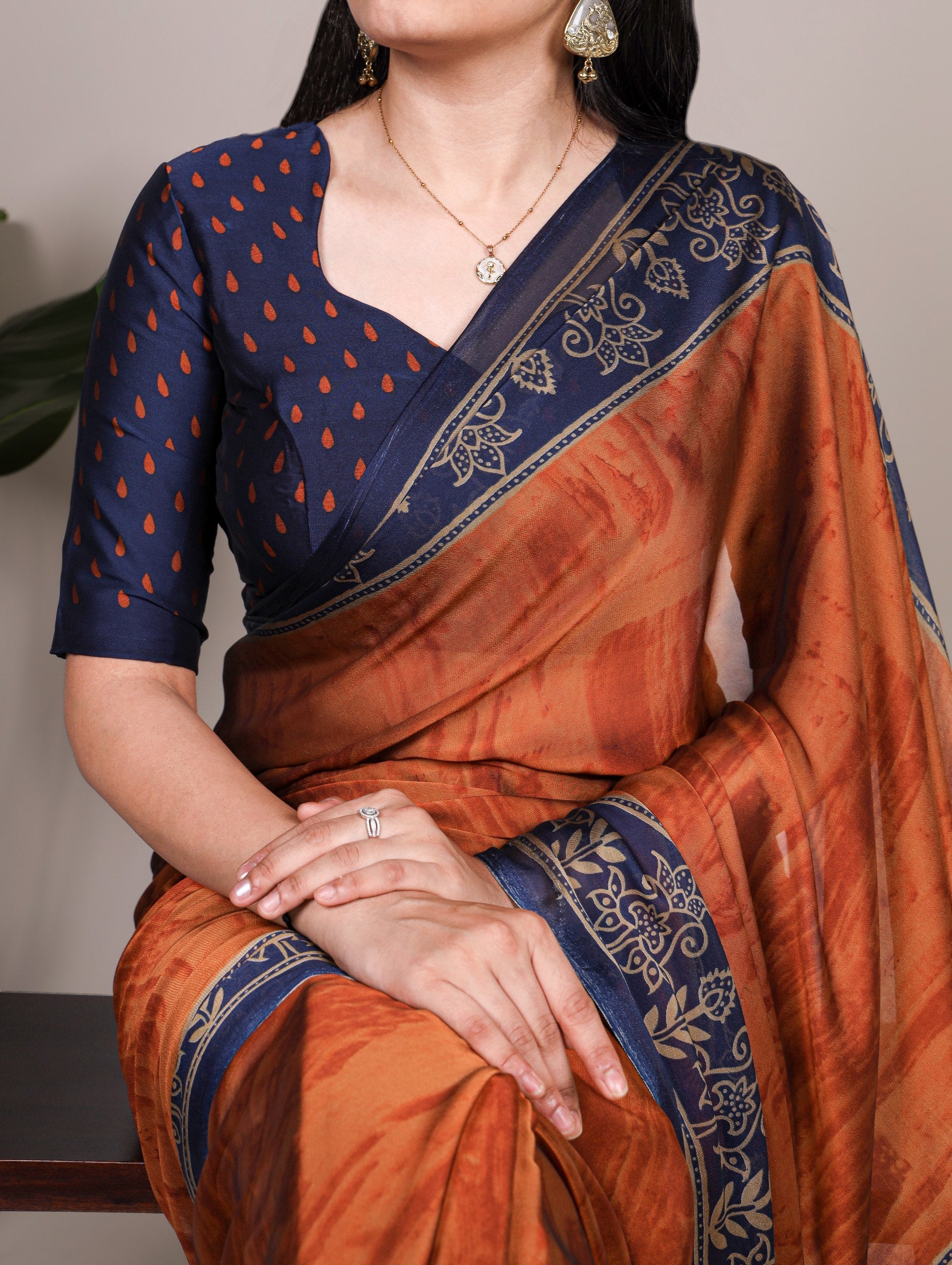 Rust Orange Elegant Rangoli Silk Printed Saree with Matching Unstitched Blouse – Lightweight Daily, Festive & Casual Wear Secondary image