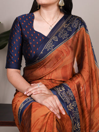 Rust Orange Elegant Rangoli Silk Printed Saree with Matching Unstitched Blouse – Lightweight Daily, Festive & Casual Wear ClothsVilla
