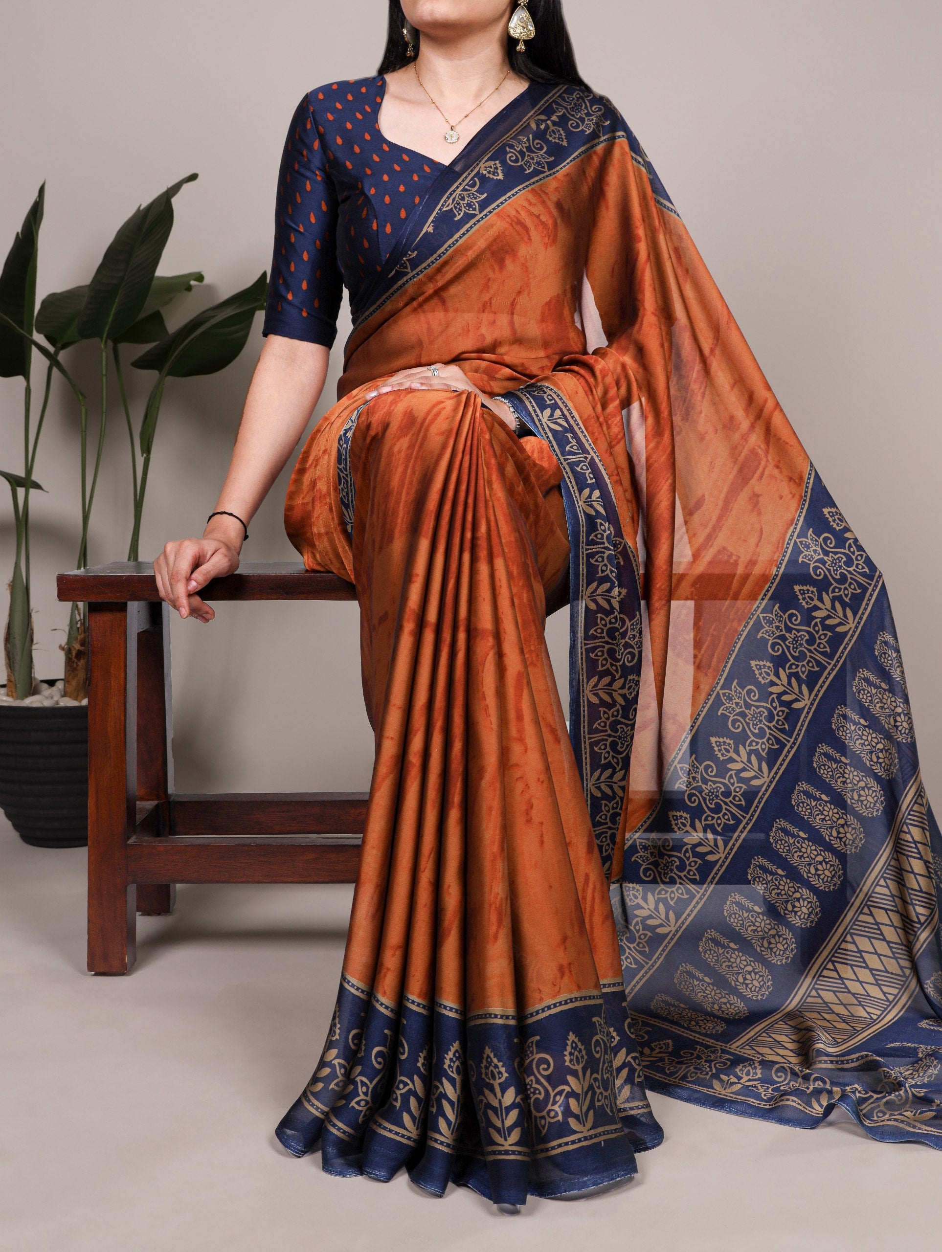 Rust Orange Elegant Rangoli Silk Printed Saree with Matching Unstitched Blouse – Lightweight Daily, Festive & Casual Wear ClothsVilla Main image