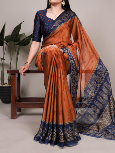 Rust Orange Elegant Rangoli Silk Printed Saree with Matching Unstitched Blouse – Lightweight Daily, Festive & Casual Wear ClothsVilla