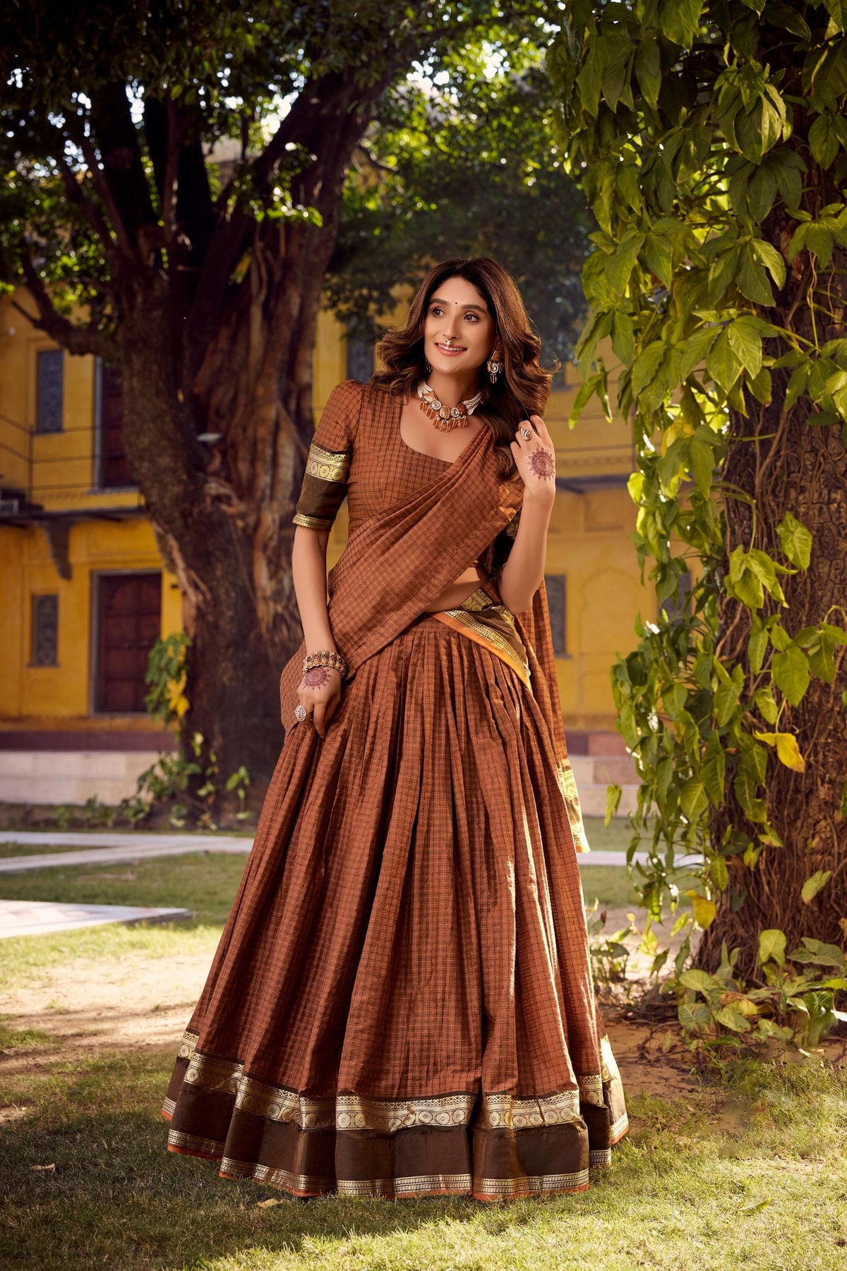 Rust Orange Elegant Stitched Chettinad Cotton Lehenga with Checks & Zari Weaving – Traditional Festive Wear Set ClothsVilla Main image
