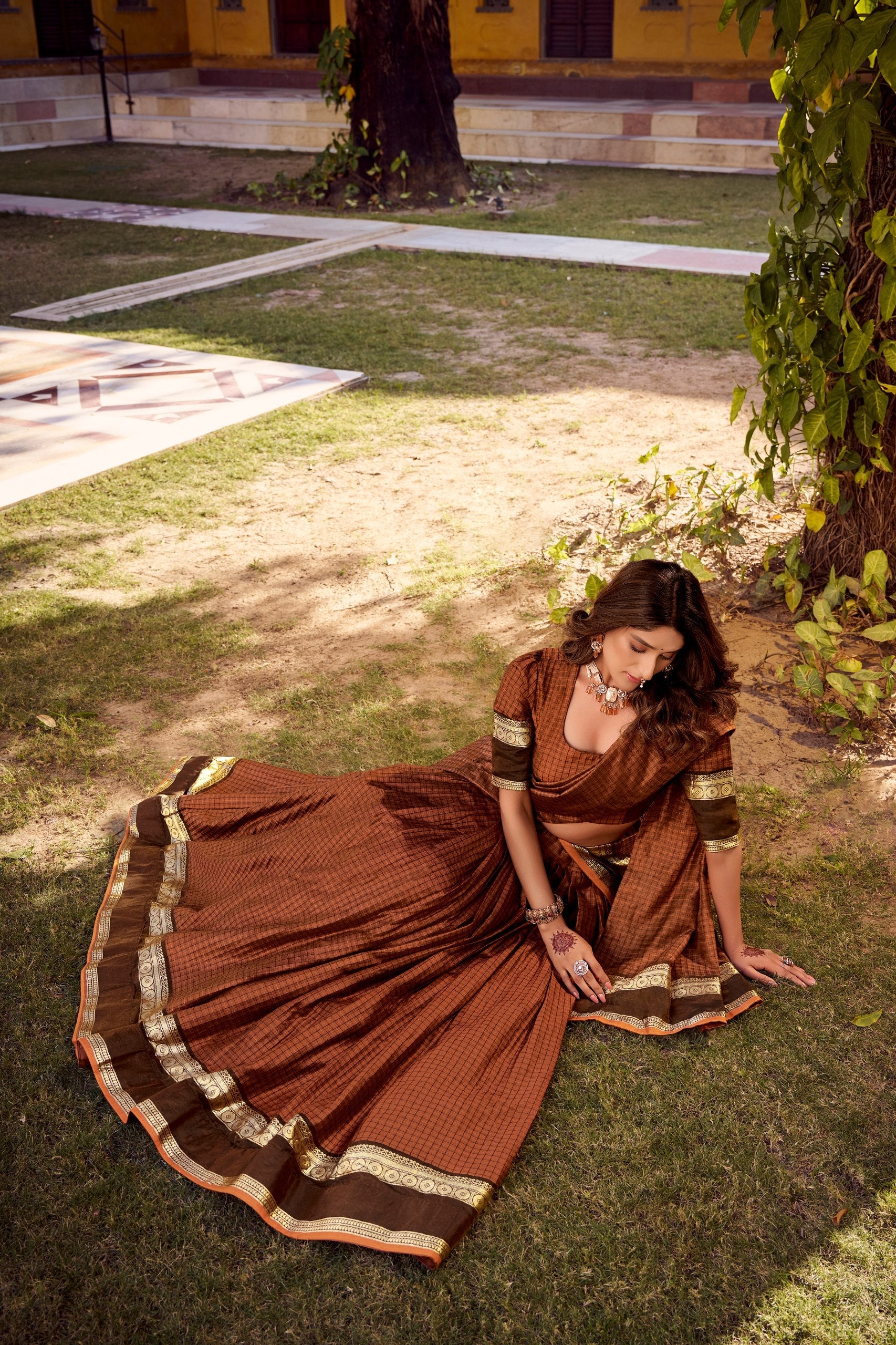 Rust Orange Elegant Stitched Chettinad Cotton Lehenga with Checks & Zari Weaving – Traditional Festive Wear Set ClothsVilla