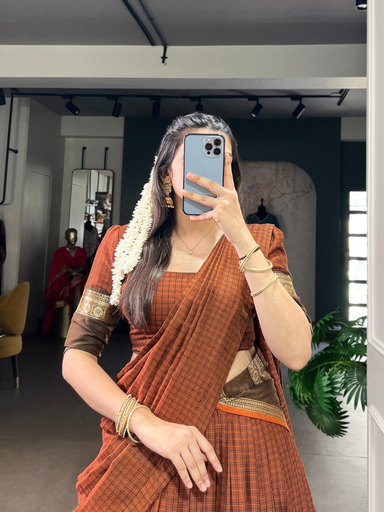 Rust Orange Elegant Stitched Chettinad Cotton Lehenga with Checks & Zari Weaving – Traditional Festive Wear Set ClothsVilla