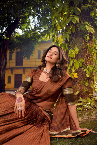 Rust Orange Elegant Stitched Chettinad Cotton Lehenga with Checks & Zari Weaving – Traditional Festive Wear Set ClothsVilla
