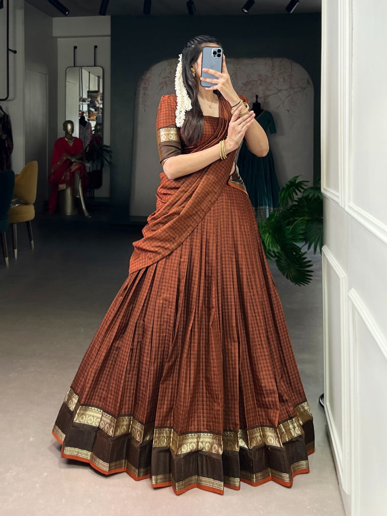 Rust Orange Elegant Stitched Chettinad Cotton Lehenga with Checks & Zari Weaving – Traditional Festive Wear Set ClothsVilla