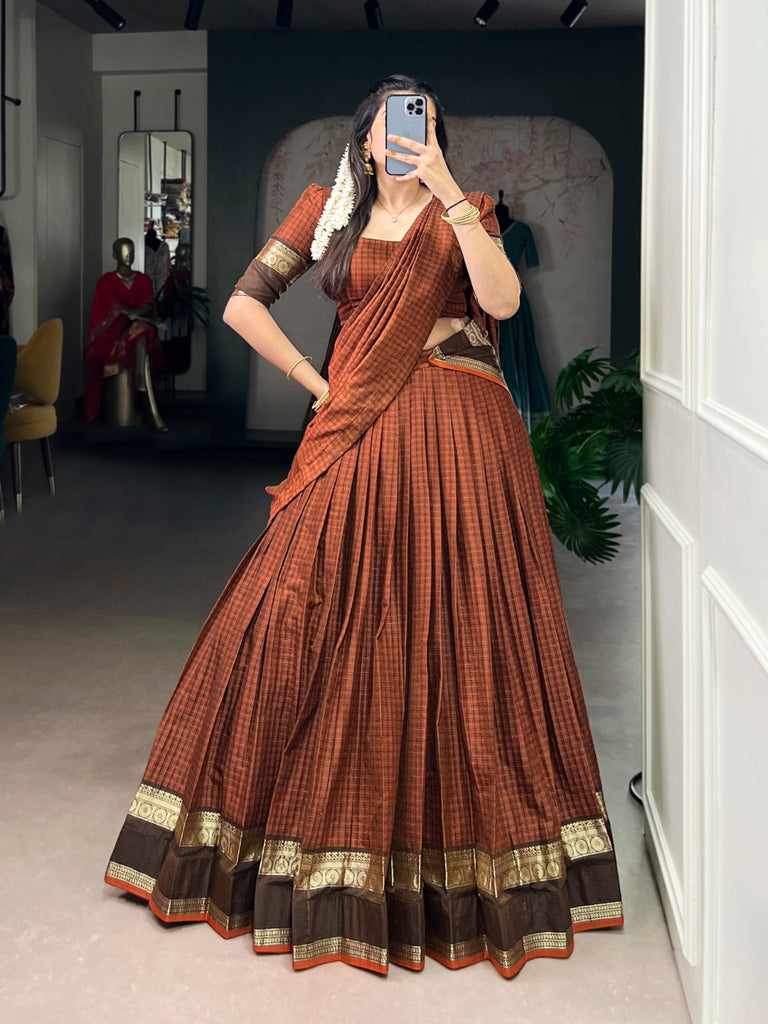 Rust Orange Elegant Stitched Chettinad Cotton Lehenga with Checks & Zari Weaving – Traditional Festive Wear Set ClothsVilla
