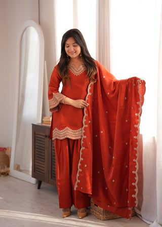 Rust Orange Embroidered Silk Suit Set ClothsVilla