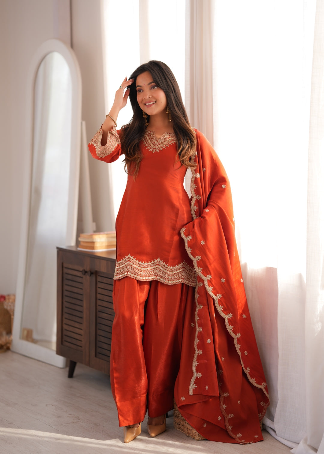 Rust Orange Embroidered Silk Suit Set ClothsVilla