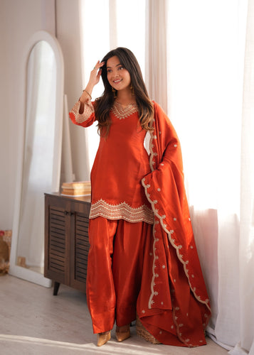 Rust Orange Embroidered Silk Suit Set ClothsVilla