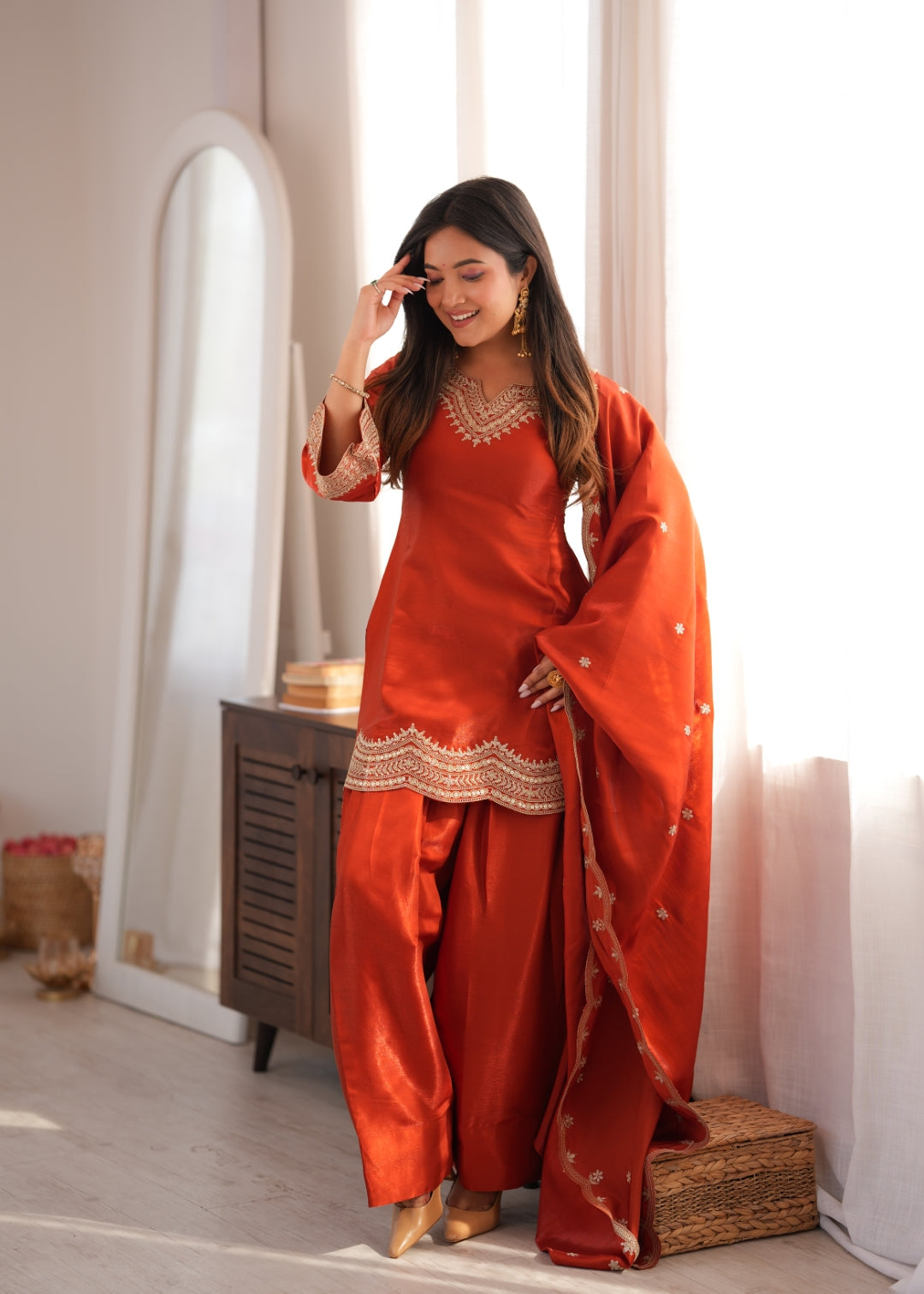 Rust Orange Embroidered Silk Suit Set ClothsVilla
