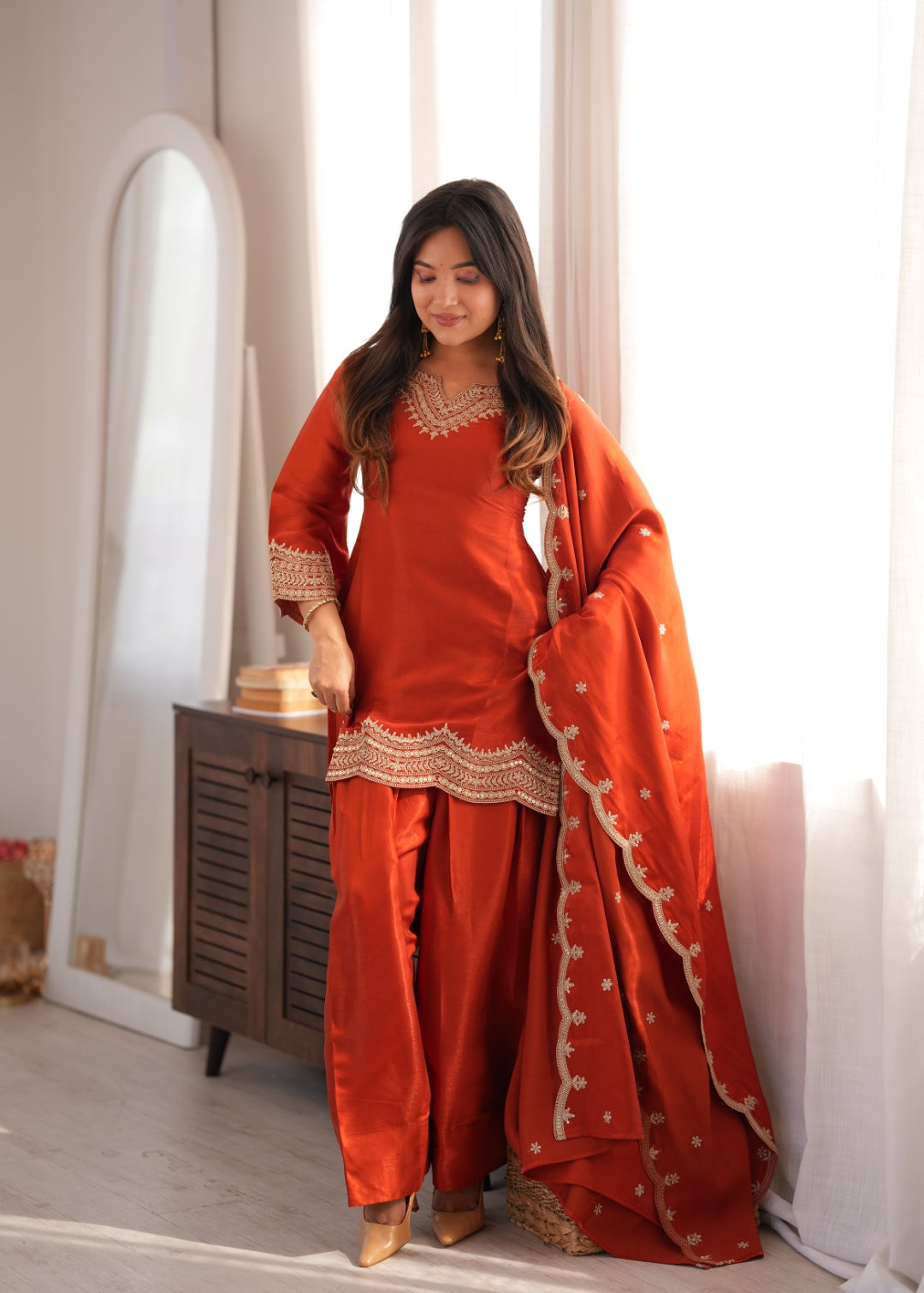 Rust Orange Embroidered Silk Suit Set ClothsVilla