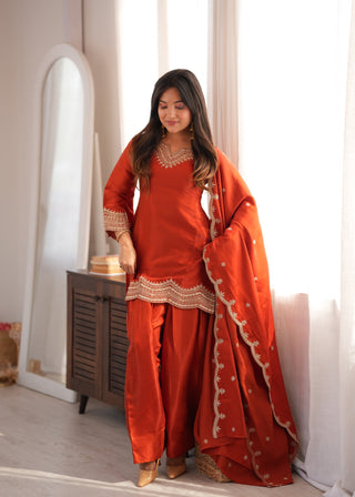 Rust Orange Embroidered Silk Suit Set ClothsVilla
