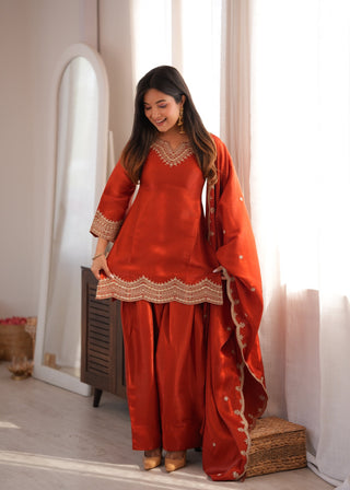 Rust Orange Embroidered Silk Suit Set ClothsVilla