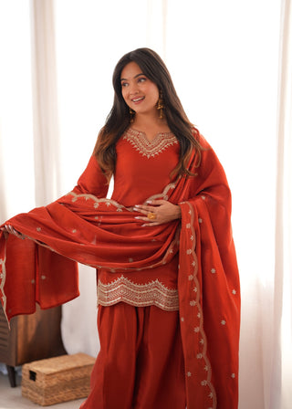 Rust Orange Embroidered Silk Suit Set ClothsVilla