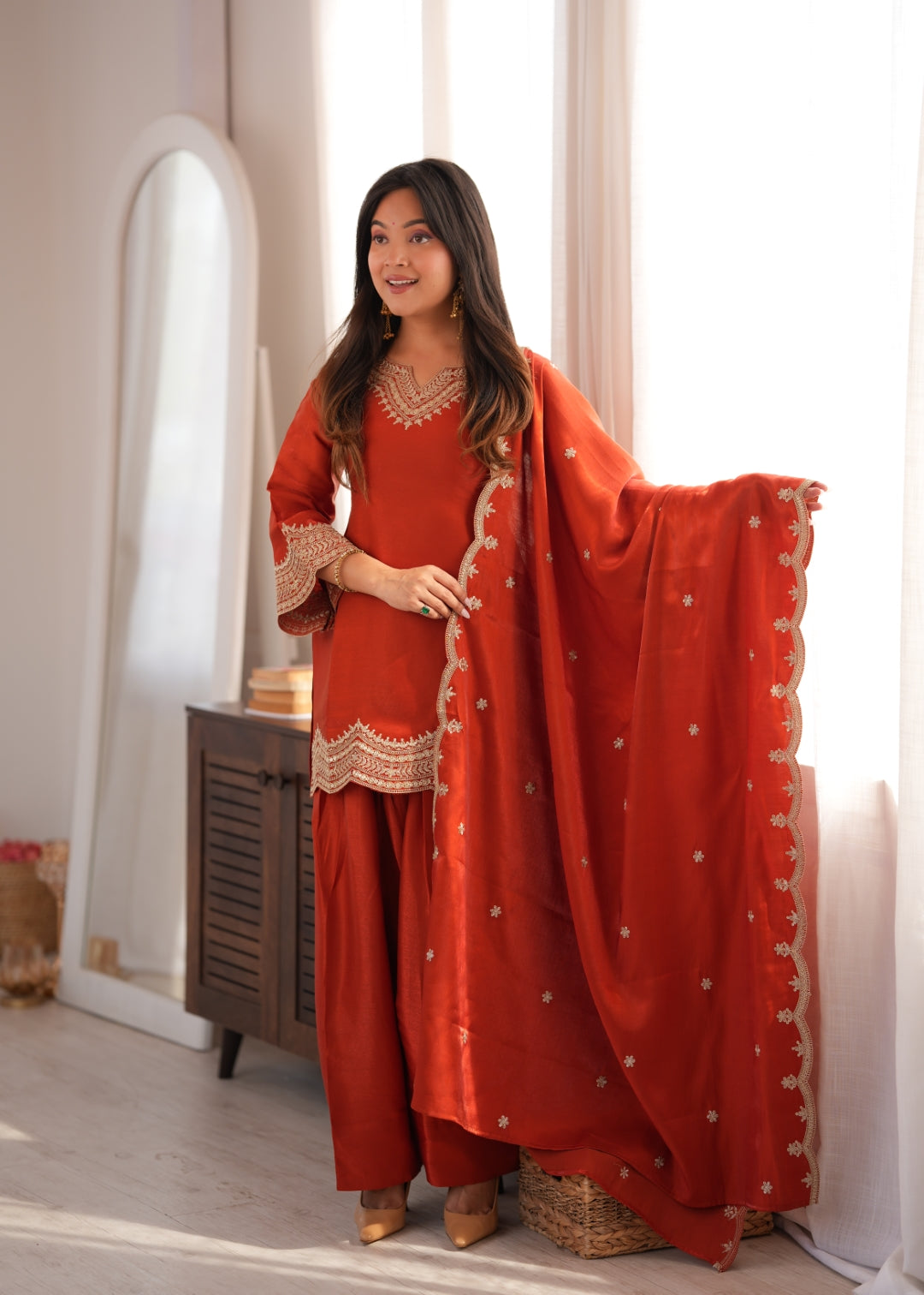 Rust Orange Embroidered Silk Suit Set ClothsVilla