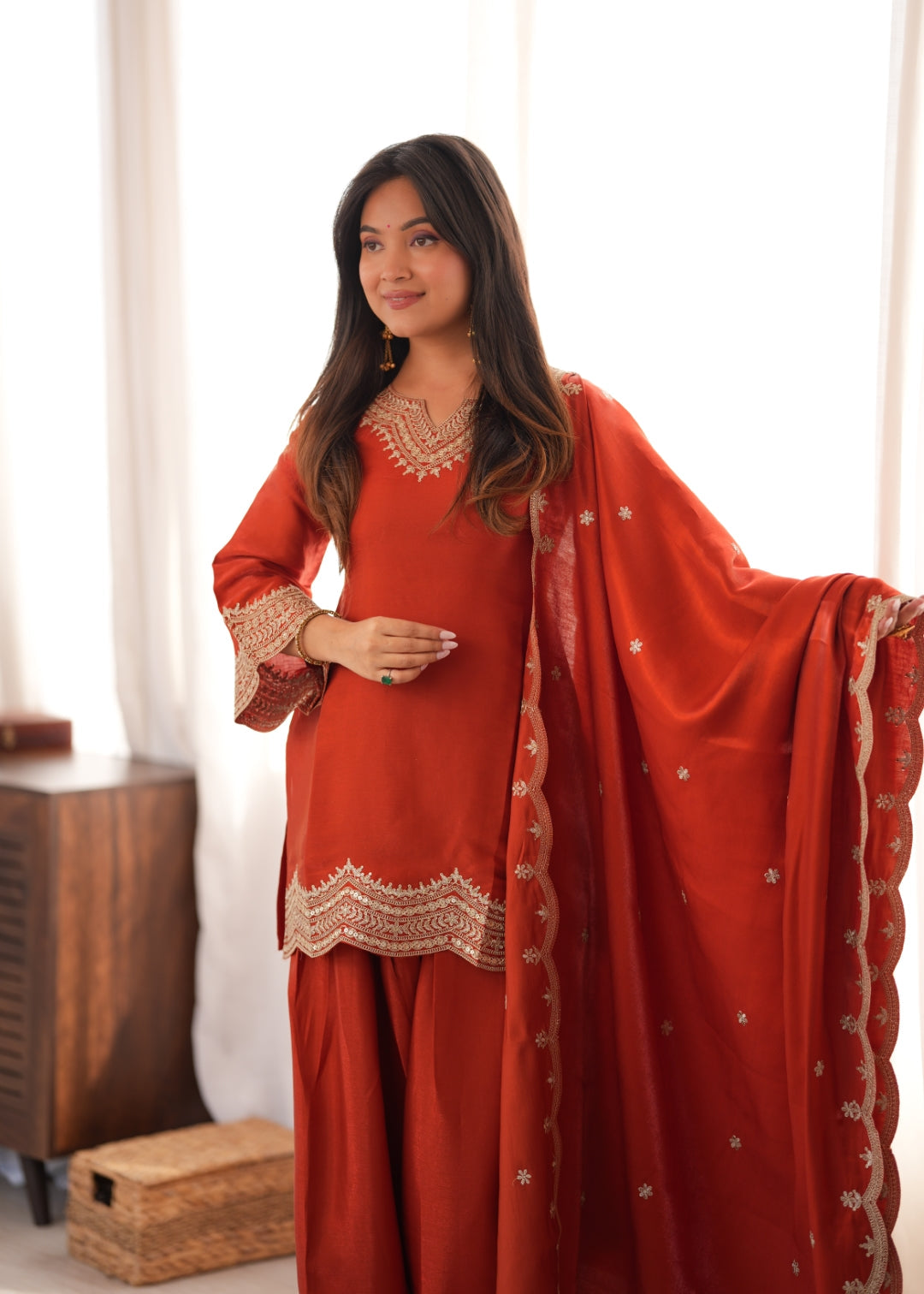 Rust Orange Embroidered Silk Suit Set ClothsVilla