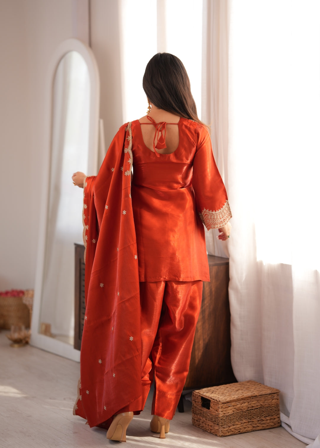 Rust Orange Embroidered Silk Suit Set ClothsVilla