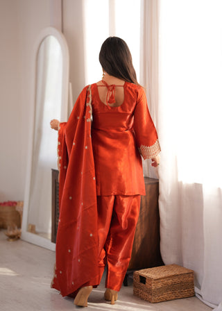 Rust Orange Embroidered Silk Suit Set ClothsVilla