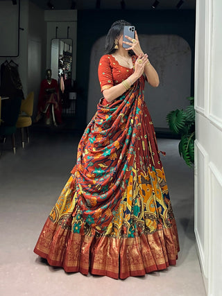 Rust Orange Kalamkari Print Lehenga ClothsVilla