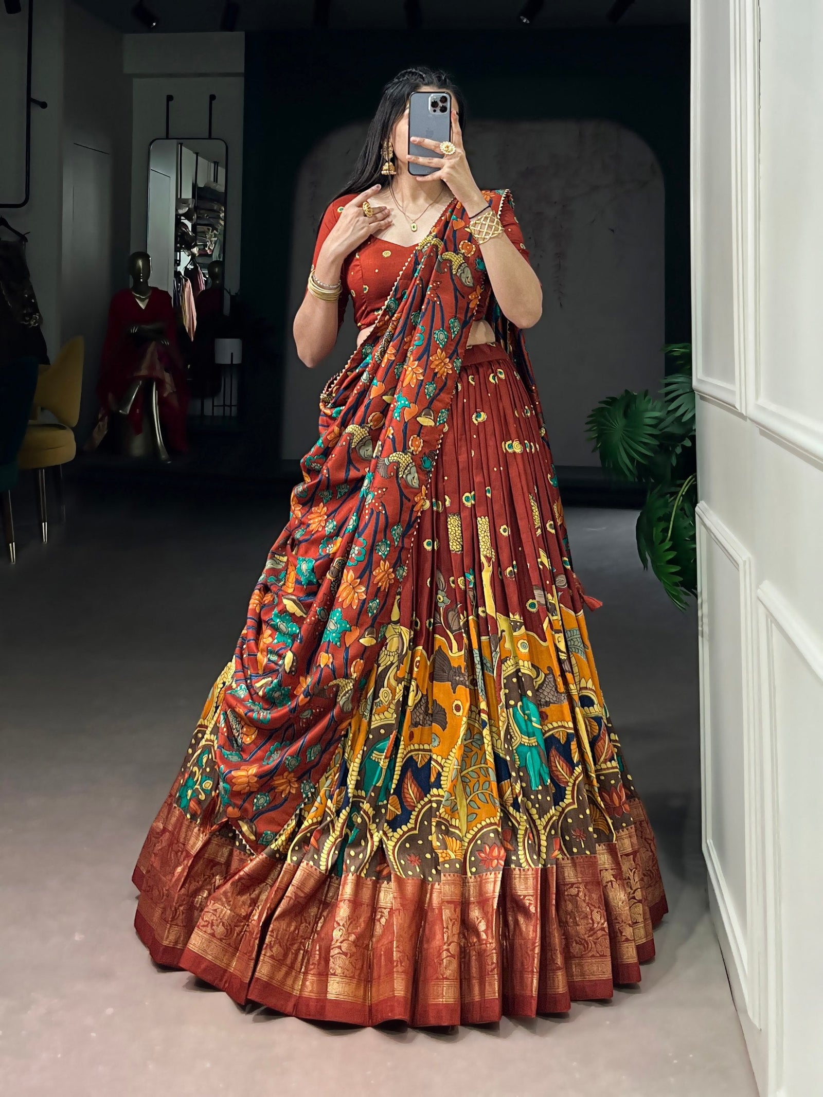Rust Orange Kalamkari Print Lehenga ClothsVilla