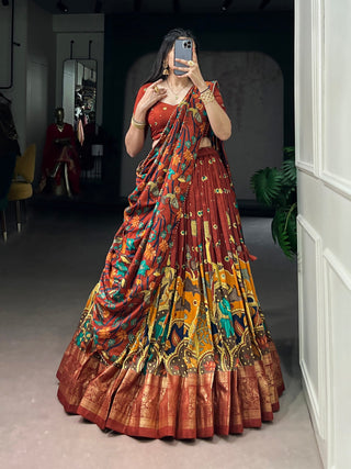 Rust Orange Kalamkari Print Lehenga ClothsVilla