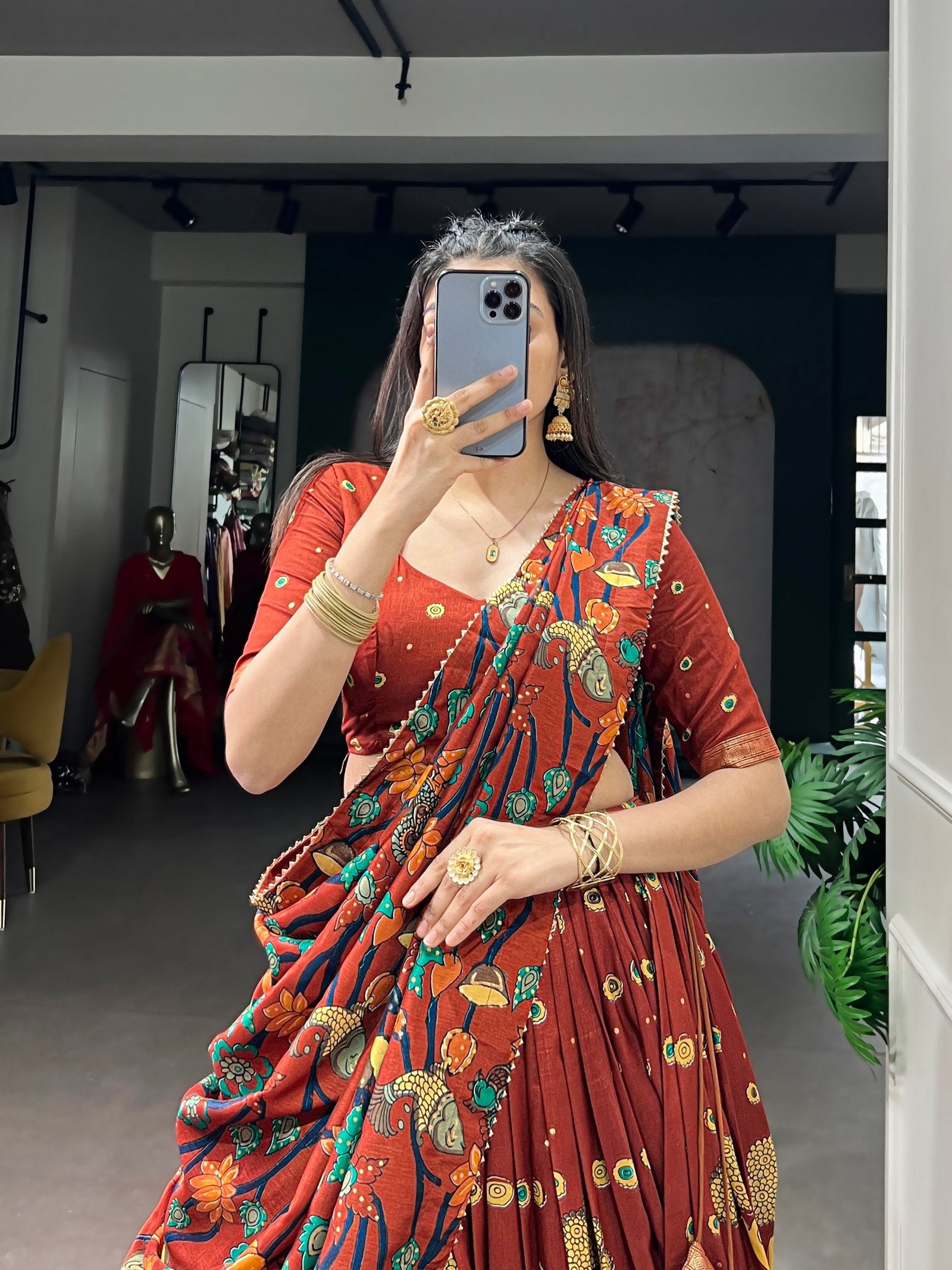 Rust Orange Kalamkari Print Lehenga ClothsVilla