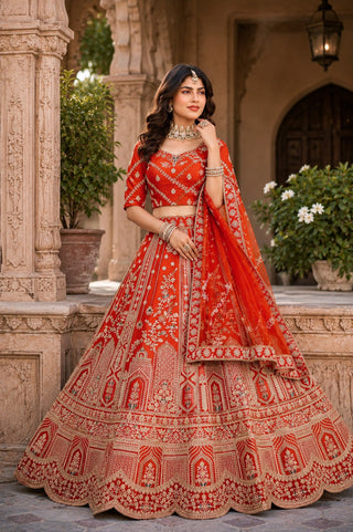 Rust Orange Royal Silk Bridal Lehenga ClothsVilla