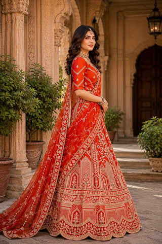 Rust Orange Royal Silk Bridal Lehenga ClothsVilla